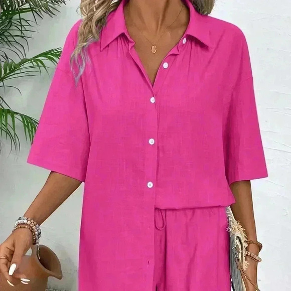 Hot Pink Casual Women's Summer Solid Color Drop-Shoulder Shirt And Loose Shorts - Picture 7 of 7